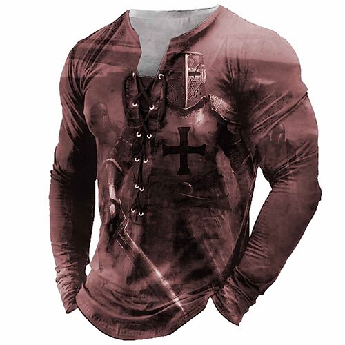 

Men's T shirt Tee Tee Graphic Templar Cross Collar Blue Wine Brown Gray 3D Print Outdoor Street Long Sleeve Lace up Print Clothing Apparel Basic Designer Casual Classic