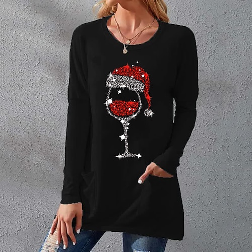 

Women's T shirt Tee Black Silver Pink Graphic Pocket Print Long Sleeve Christmas Weekend Basic Round Neck Long Painting S