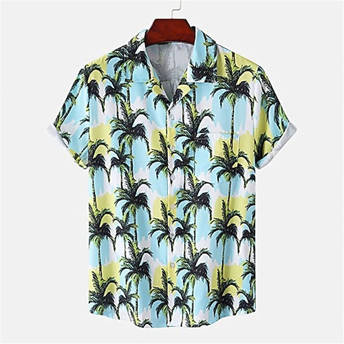 

Men's Shirt Coconut Tree Striped Graphic Prints Turndown Blue Pink Yellow Orange 3D Print Outdoor Street Short Sleeves Button-Down Print Clothing Apparel Tropical Designer Casual Hawaiian