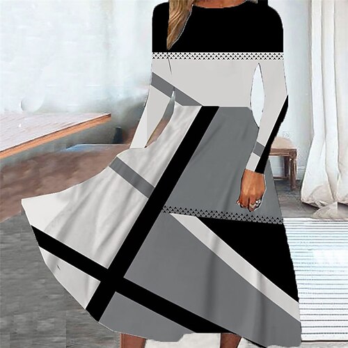 

Women's Casual Dress Swing Dress Midi Dress Purple Gray Long Sleeve Geometric Pocket Winter Fall Spring Crew Neck Fashion Daily Weekend 2022 S M L XL XXL 3XL