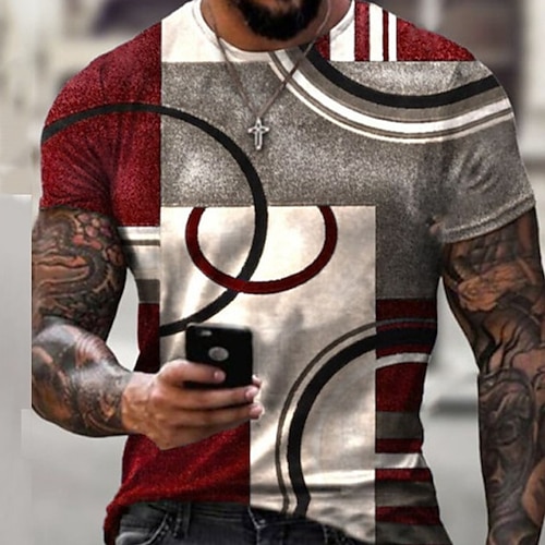 Mens Graphic Shirt Tee Geometric 3D Prints Round Neck Red Daily Holiday Short Sleeve Clothing Apparel Polyester Designer Abstract Casual Cotton