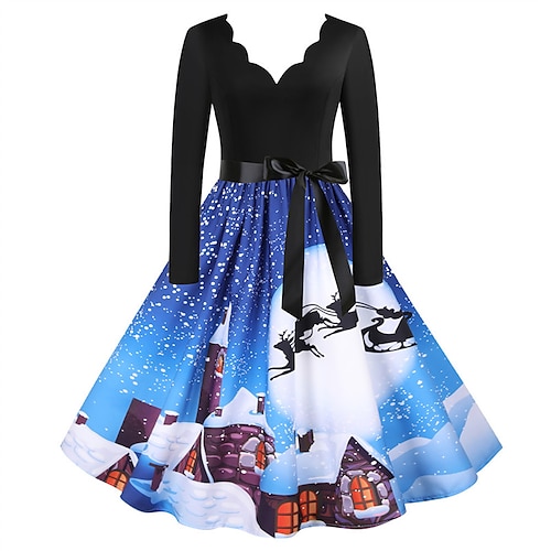 

Women's Christmas Swing Dress Vintage Dress Mini Dress Black Blue Purple Royal Blue Dark Blue Peacock Blue Long Sleeve Santa Claus Snowman Snowflake Bow Print Winter Fall V Neck Stylish 2022 S M L XL