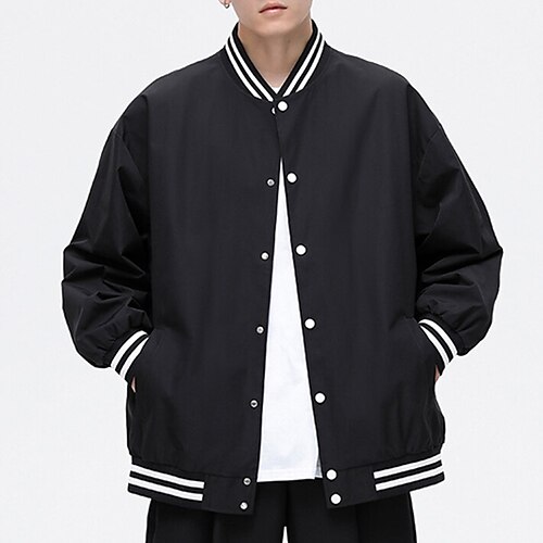 

Men's Varsity Jacket Soft Outdoor Casual / Daily School Daily Wear Vacation Single Breasted Standing Collar Warm Ups Comfort Jacket Outerwear Stripes Button Pocket Black Green Blue