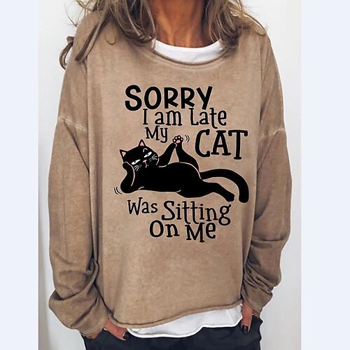 

Women's Sweatshirt Pullover Basic Blue Pink Light Brown Cat Street Round Neck Long Sleeve S M L XL 2XL 3XL