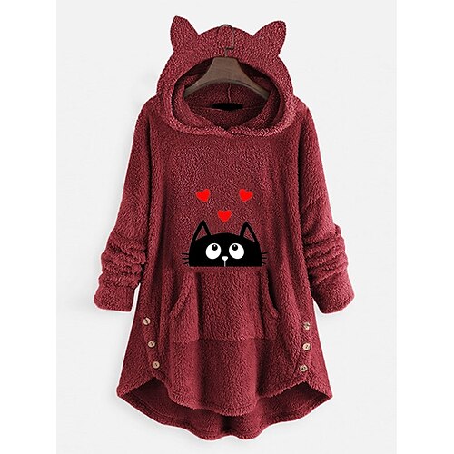 

Women's Cat Ear Fleece Hoodie Tops Sweatshirt Plain Button Pocket Long Sleeve Hooded Casual Teddy Home Daily Winter Fall Windproof Warm