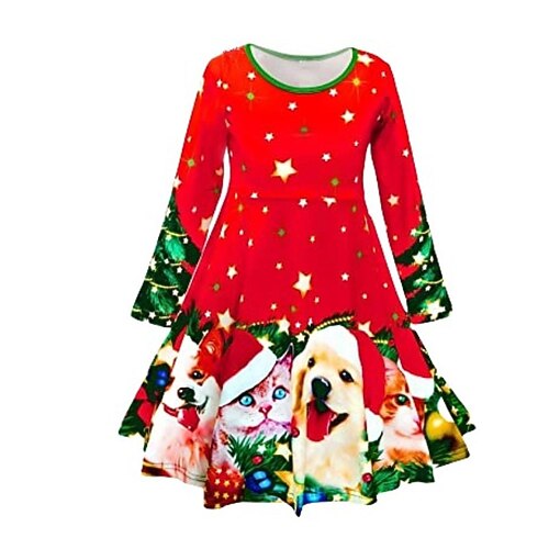 

Kids Girls' Christmas Dress Graphic A Line Dress Midi Dress Casual Cotton Crew Neck Long Sleeve Casual Dress 3-12 Years Winter Green Purple Pink