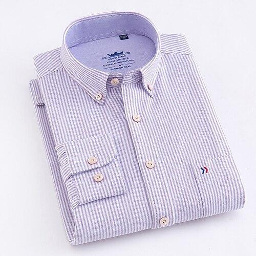 

Men's Casual Shirt Standard Fit Long Sleeve Lapel Stripe Cotton Blue Purple Grey 2022