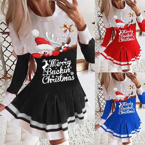 

Women's Christmas Swing Dress Blue Red Black Long Sleeve Letter Santa Claus Elk Pleated Print Winter Fall Crew Neck Stylish Romantic Fall Dress Loose Fit 2022 S M L XL XXL / Winter Dress