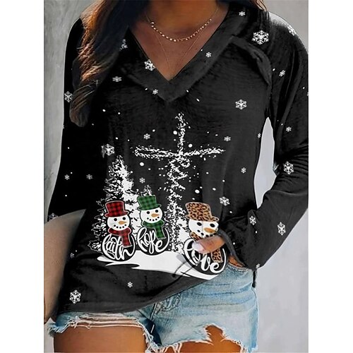 

Women's Plus Size Christmas Tops T shirt Tee Snowman Snowflake Print Long Sleeve V Neck Casual Festival Daily Polyester Winter Fall Black