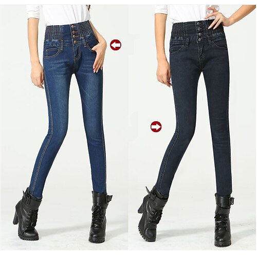 

Women's Fleece Pants Jeans Denim Fleece lined Dark Blue Black Fashion Street Casual Side Pockets Micro-elastic Full Length Thermal Warm Plain XS S M L XL