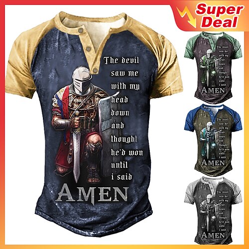 

Men's Henley Shirt T shirt Tee Graphic Tees Templar Cross Soldier Henley Green Black Blue Navy Blue Coffee 3D Print Plus Size Outdoor Daily Short Sleeve Patchwork Button-Down Clothing Apparel Basic