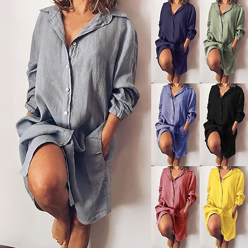 

Women's Pajamas Nightgown Nighty Pure Color Comfort Home Cotton And Linen Lapel Long Sleeve Pocket Button Fall Spring Green White