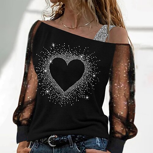 

Women's Blouse Shirt Black Heart Patchwork Off Shoulder Long Sleeve Casual Streetwear Off Shoulder Regular S