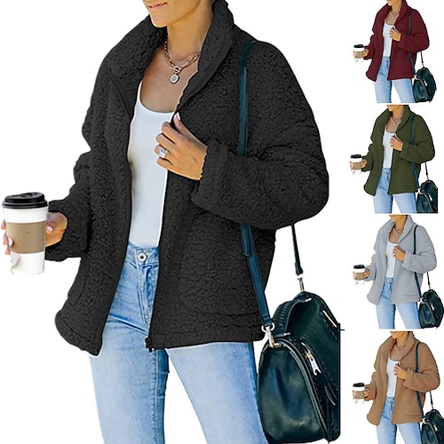 

Women's Blouse Patchwork Solid / Plain Color Sports Classic Shirt Collar Thick Winter Light Coffee Wine Red Black Khaki Light Grey