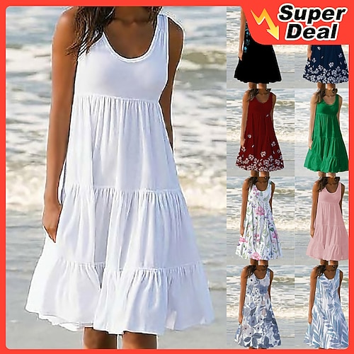 

Women's White Dress Sundress Midi Dress Black And White Light Pink Green Sleeveless Pure Color Ruched Spring Summer Crew Neck Basic Boom Sale Dress S M L XL XXL 3XL 4XL 5XL