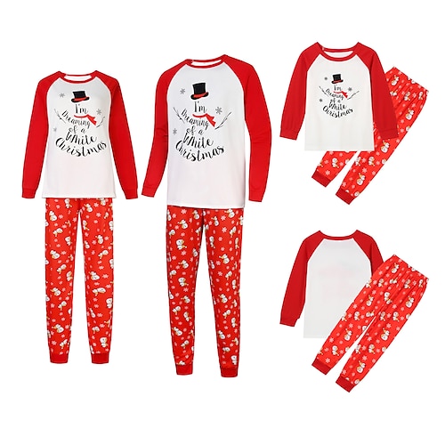

Christmas Pajamas Family Letter Snowman Home Crewneck Red Long Sleeve Basic Matching Outfits