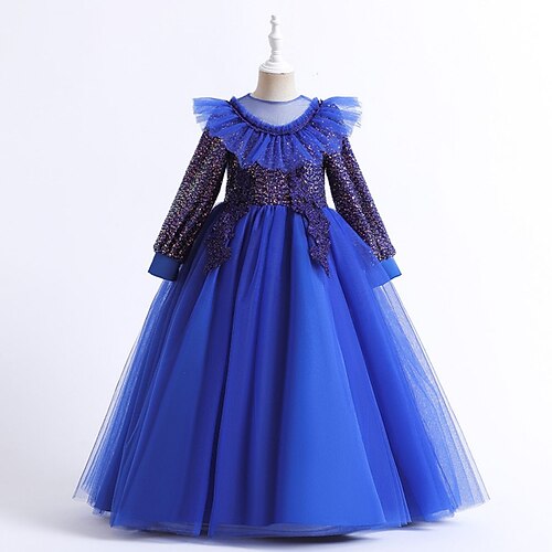 

Kids Girls' Dress Solid Color Party Dress Maxi Dress Performance Mesh Crew Neck Long Sleeve Elegant Dress 4-12 Years Spring Multicolor Blue Wine