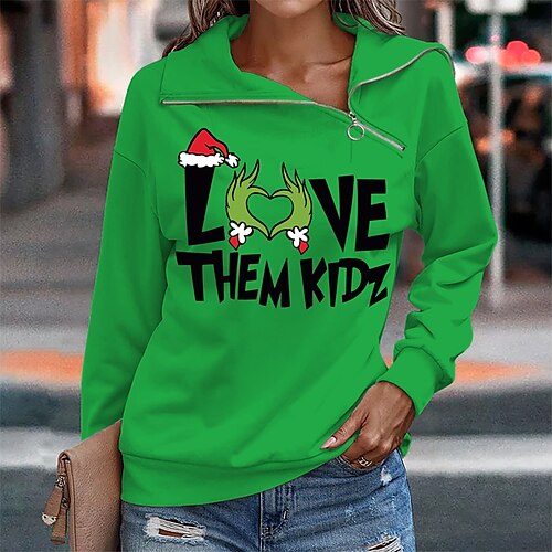 

Women's Sweatshirt Pullover Streetwear Zipper Green Black Red Graphic Christmas V Neck Long Sleeve S M L XL 2XL 3XL