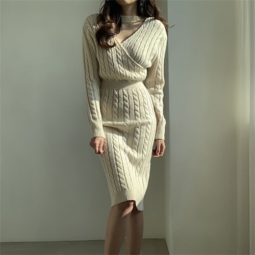 

Women's Sweater Dress Knit Dress Mini Dress Black Khaki Beige Long Sleeve Pure Color Split Winter Fall Autumn Turtleneck Daily 2022 One-Size