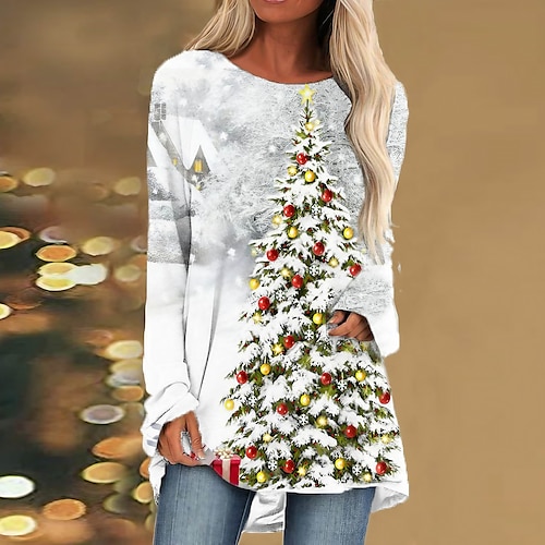 

Women's Casual Dress T Shirt Dress Tee Dress Shift Dress Mini Dress White Long Sleeve Christmas Tree Print Winter Fall Spring Crew Neck Fashion Christmas Daily 2022 S M L XL XXL 3XL