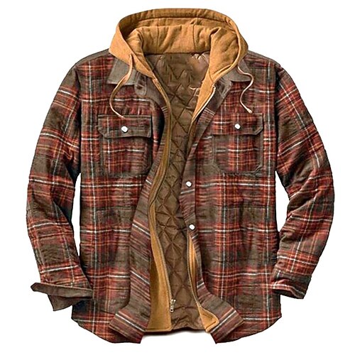 

Men's Puffer Jacket Winter Jacket Quilted Jacket Shirt Jacket Winter Coat Warm Casual Plaid / Check Outerwear Clothing Apparel Green Blue Wine