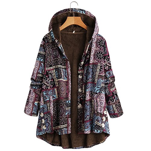 

Women's Winter Jacket Hoodie Jacket Warm Comfortable Casual Going out Pocket Single Breasted Hoodie Vintage Retro Floral Oversized Outerwear Long Sleeve Winter Fall Green Purple White S M L XL XXL