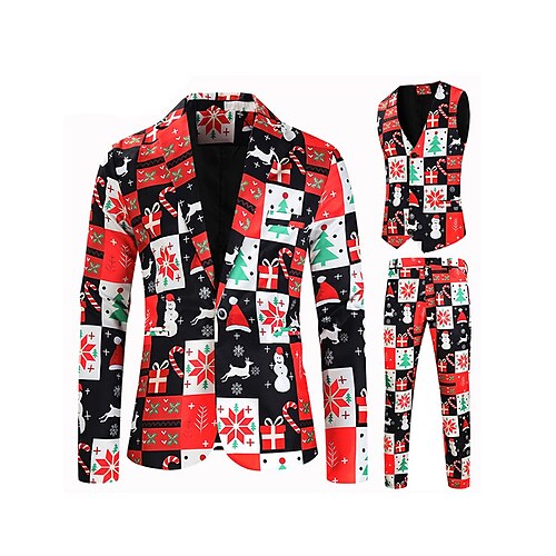 

Black Red Men's Christmas Suits 3 Piece Patterned Standard Fit Single Breasted One-button 2022