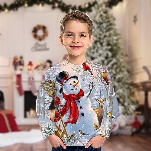 

Kids Boys Christmas T shirt Tee Snowman Long Sleeve Crewneck Children Top Casual 3D Print Cute Daily Winter Fall Blue 3-12 Years