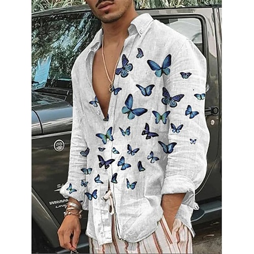 

Herren Hemd Tier Schmetterling Grafik-Drucke Umlegekragen Weiß 3D-Druck Weihnachten Strasse Langarm Button-Down Bedruckt Bekleidung Modisch Designer Casual Weich