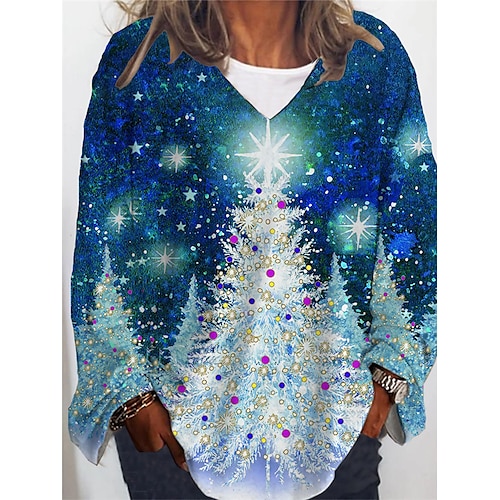 

Women's Plus Size Christmas Tops T shirt Tee Tree Print Long Sleeve V Neck Casual Festival Daily Cotton Spandex Jersey Winter Fall Blue Gold