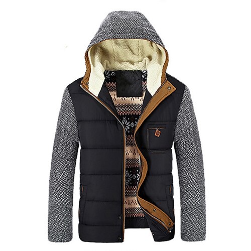 

Men's Winter Jacket Winter Coat Warm Daily Wear Vacation Going out Zipper Hooded Comfort Leisure Jacket Outerwear Patchwork Zipper Pocket Black Blue