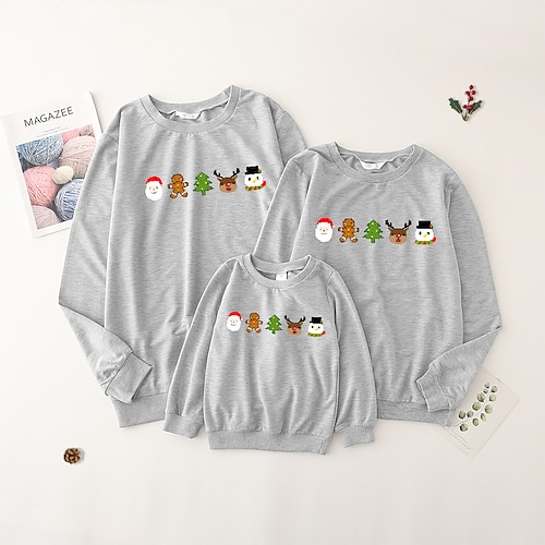 

Family Christmas Sweatshirt Santa Claus Snowman Christmas Tree Casual Crewneck Gray Long Sleeve Adorable Matching Outfits