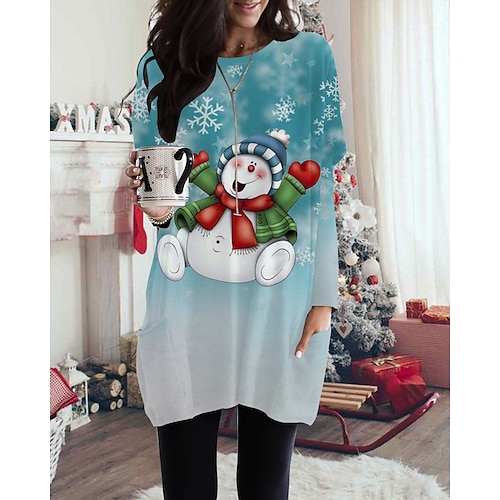 

Women's T shirt Tee Green Snowman Snowflake Pocket Print Long Sleeve Christmas Weekend Basic Round Neck Long Painting S