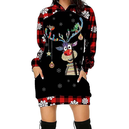 

Women's Christmas Hoodie Dress Mini Dress Black Wine Red Long Sleeve Plaid Patchwork Winter Fall Autumn Hooded Weekend 2022 S M L XL XXL 3XL