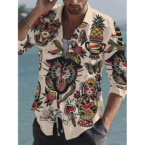 

Men's Shirt Abstract Graphic Prints Vintage Turndown Beige 3D Print Christmas Street Long Sleeve Button-Down Print Clothing Apparel Fashion Designer Casual Soft