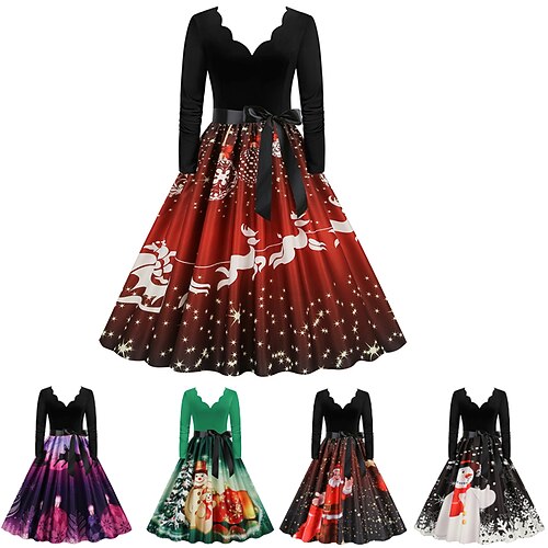 

Women's Christmas Party Dress Swing Dress Knee Length Dress Green Purple Wine Red Black Long Sleeve Santa Claus Elk Snowman Print Fall Winter V Neck Vintage Party Elegant Party 2022 S M L XL XXL 3XL