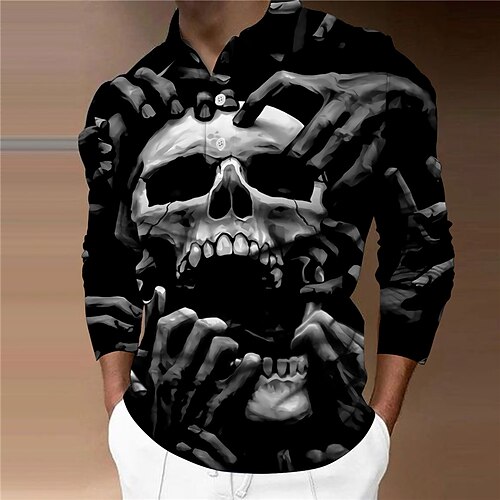 

Men's Polo Shirt Golf Shirt Skull Graphic Prints Turndown Black Blue 3D Print Outdoor Street Long Sleeve Button-Down Print Clothing Apparel Cool Designer Casual Punk & Gothic