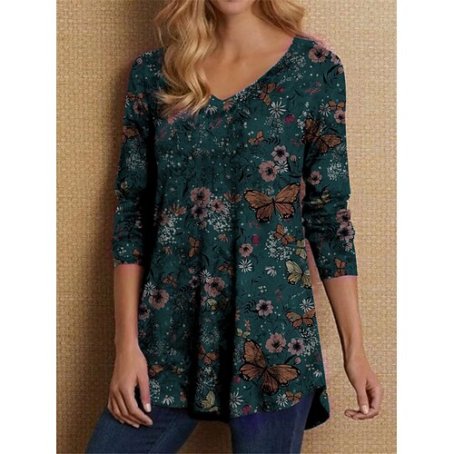 

Women's T shirt Tee Green Khaki Brown Floral Print Long Sleeve Casual Basic V Neck Regular Floral S