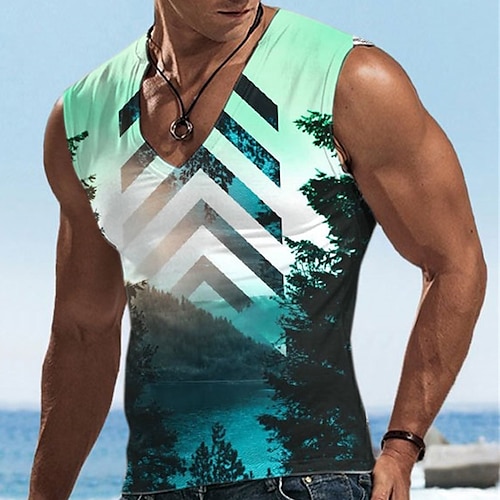 

Men's Undershirt Tree Graphic Prints V Neck Green 3D Print Street Daily Sleeveless Print Clothing Apparel Basic Casual Classic Comfortable