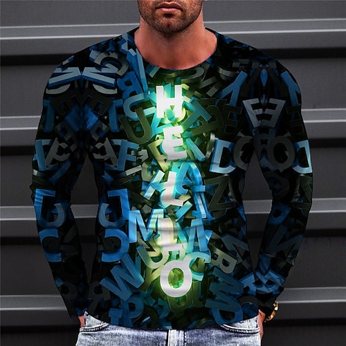 

Men's T shirt Tee Letter Graphic Prints Crew Neck Green Blue Purple Royal Blue Red 3D Print Outdoor Street Long Sleeve Print Clothing Apparel Basic Sports Designer Casual