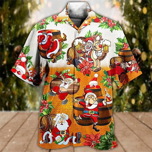 

Men's Shirt Santa Claus Graphic Prints Turndown Yellow 3D Print Christmas Street Short Sleeve Button-Down Print Clothing Apparel Fashion Designer Casual Breathable