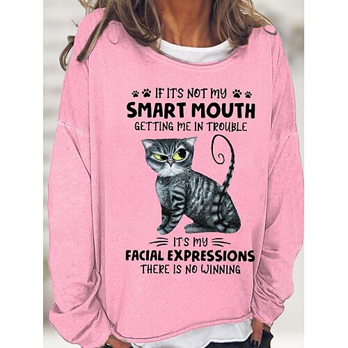 

Women's Sweatshirt Pullover Basic Blue Pink Khaki Cat Street Round Neck Long Sleeve S M L XL 2XL 3XL