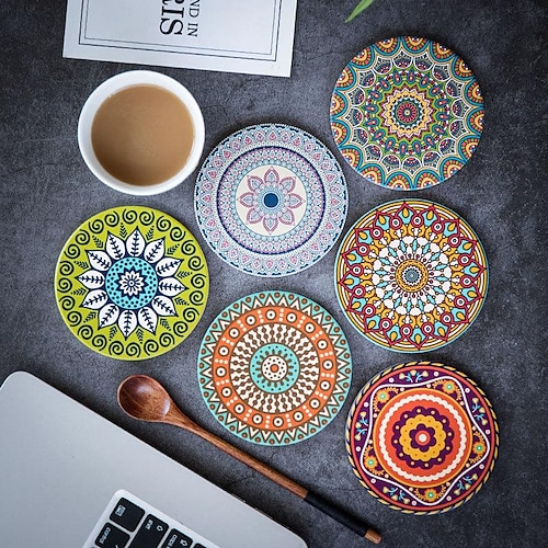 

amazon mandala flower ceramic absorbent coaster 6-pack round pattern heat insulation placemat wedding gift customization
