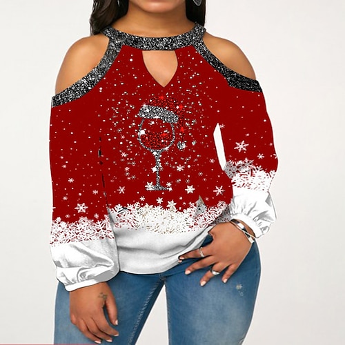 

Women's Plus Size Christmas Tops Blouse Santa Claus Tree Print Long Sleeve Crew Neck Casual Festival Daily Cotton Blend Winter Fall Gold Wine