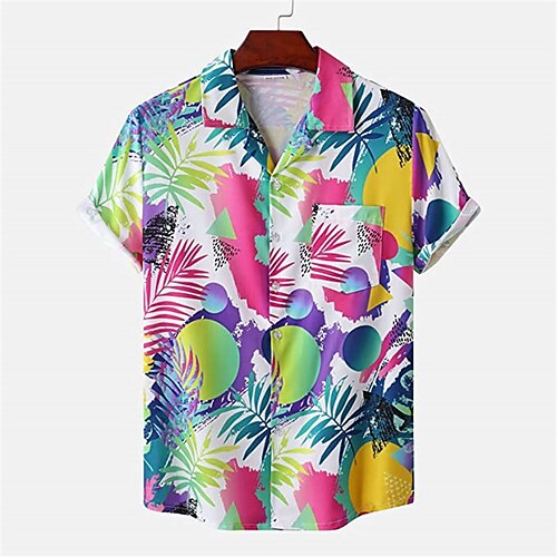 

Men's Shirt Graphic Prints Leaves Turndown Black Blue Rainbow Gray 3D Print Outdoor Street Short Sleeves Button-Down Print Clothing Apparel Tropical Designer Casual Hawaiian