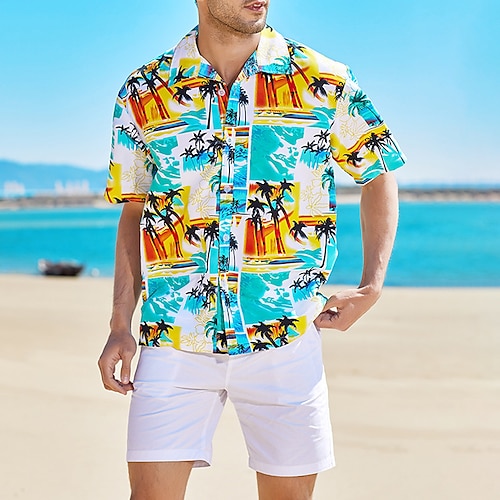 

Men's Shirt Summer Hawaiian Shirt Graphic Prints Turndown Blue Yellow Light Sky Blue White 3D Print Outdoor Street Short Sleeves Button-Down Print Clothing Apparel Tropical Fashion Casual Hawaiian