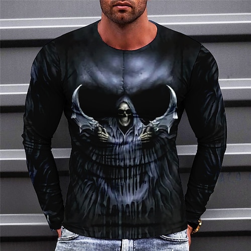 

Men's T shirt Tee Skull Graphic Prints Crew Neck Green Blue Purple Red Brown 3D Print Outdoor Street Long Sleeve Print Clothing Apparel Basic Sports Designer Casual