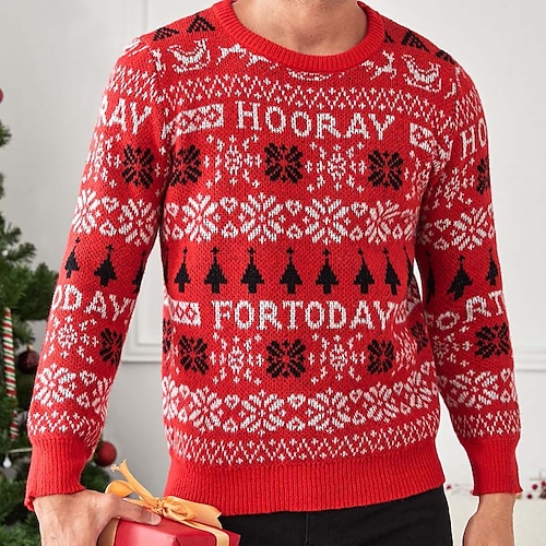

Men's Sweater Ugly Christmas Sweater Pullover Sweater Jumper Ribbed Knit Cropped Knitted Letter Crew Neck Keep Warm Modern Contemporary Christmas Work Clothing Apparel Fall & Winter Red S M L