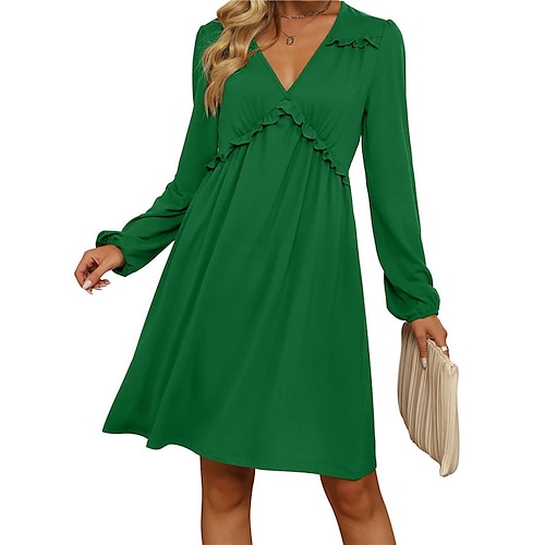 

Women's Casual Dress Shift Dress Emerald Green Dress Mini Dress Green Black Wine Long Sleeve Pure Color Ruffle Winter Fall Autumn V Neck Fashion Daily 2022 S M L XL XXL