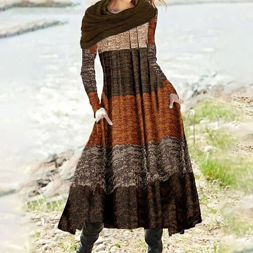 

Women's Casual Dress Swing Dress Midi Dress Brown Long Sleeve Color Block Patchwork Winter Fall Spring Crew Neck Stylish Vacation Weekend 2022 S M L XL XXL 3XL